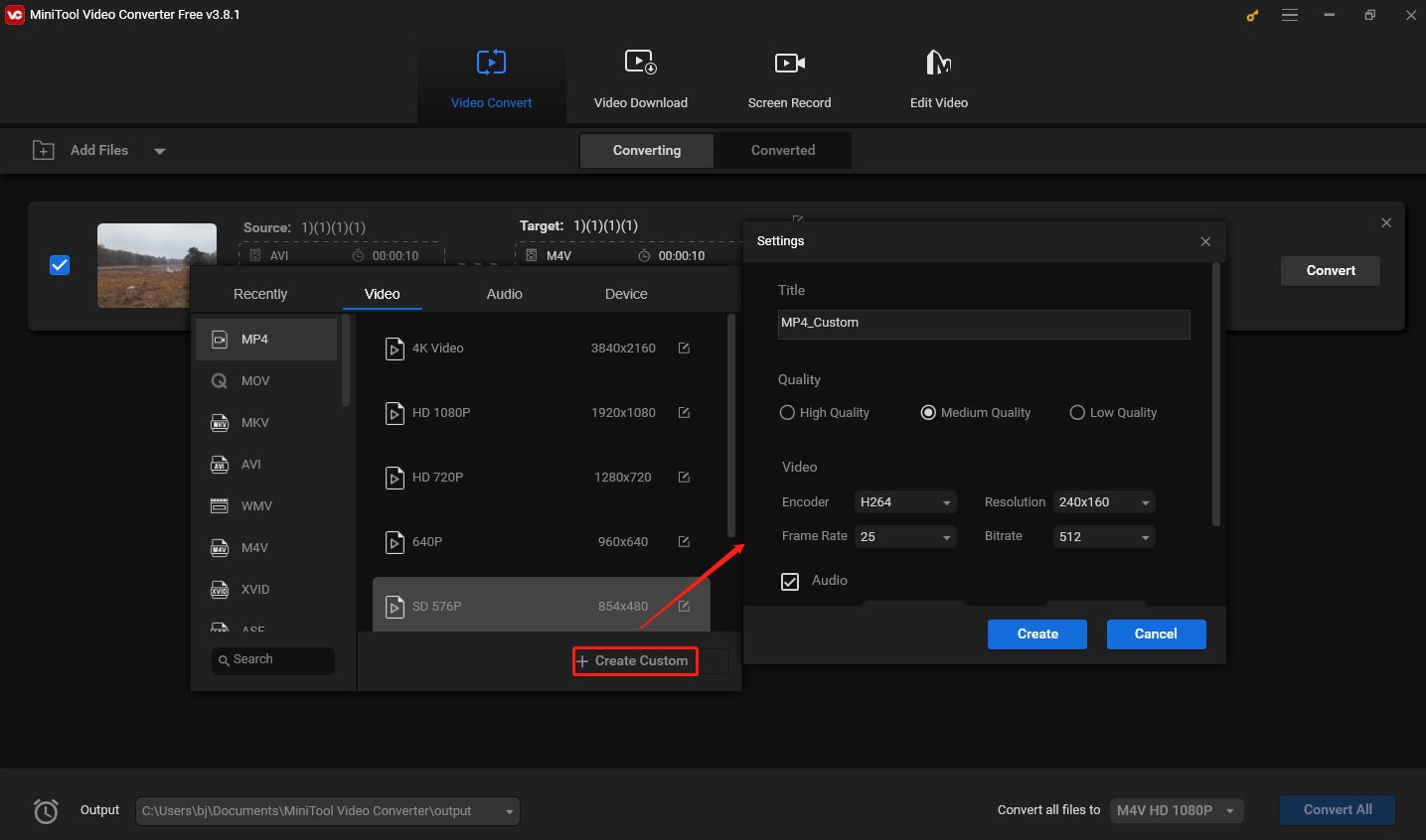 Click Create Custom to adjust for settings and click Create to save the changes