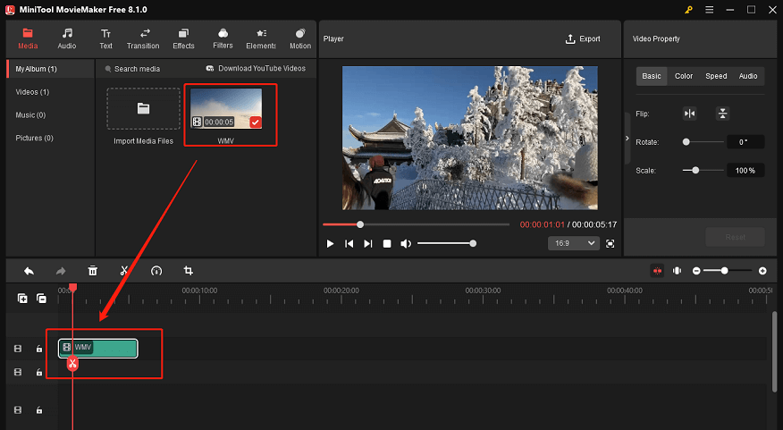 Drag and drop the target WMV video to the timeline in MiniTool MovieMaker for format conversion