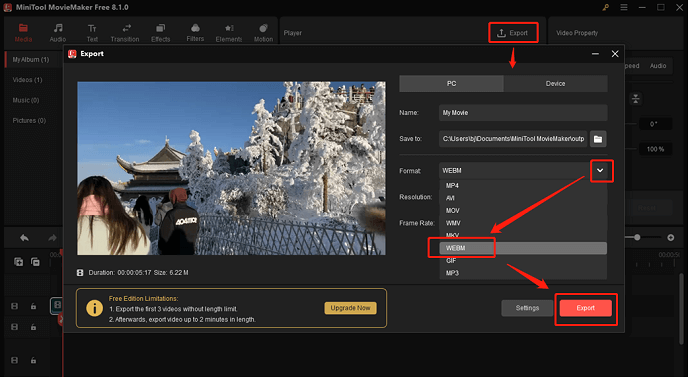 Choose WebM as the output format in MiniTool MovieMaker for format conversion