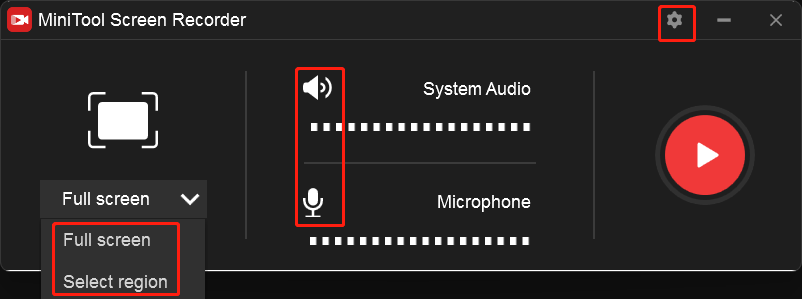 Choose the recording area and audio source on the MiniTool Screen Recorder panel