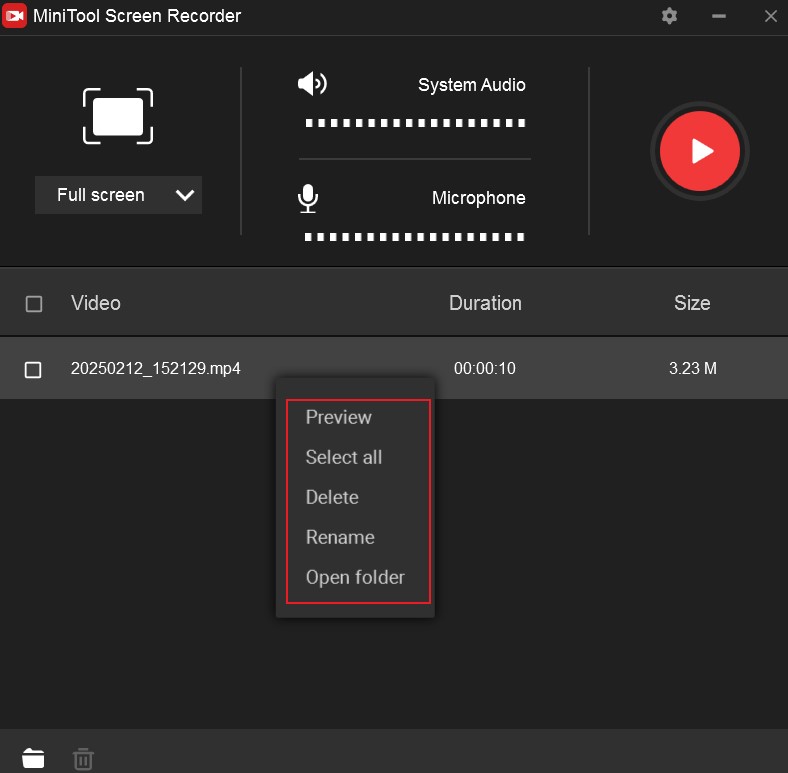 Right-click on the recorded video to preview, delete, rename, or locate it in the MiniTool Screen Recorder list