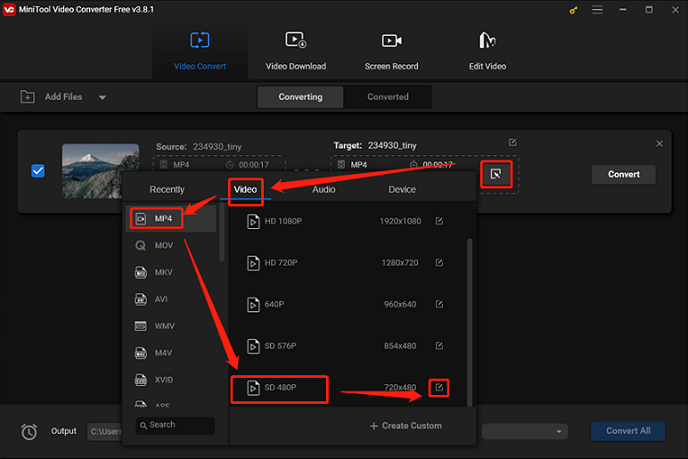 Choose an output preset with a lower resolution in MiniTool Video Converter for compressing