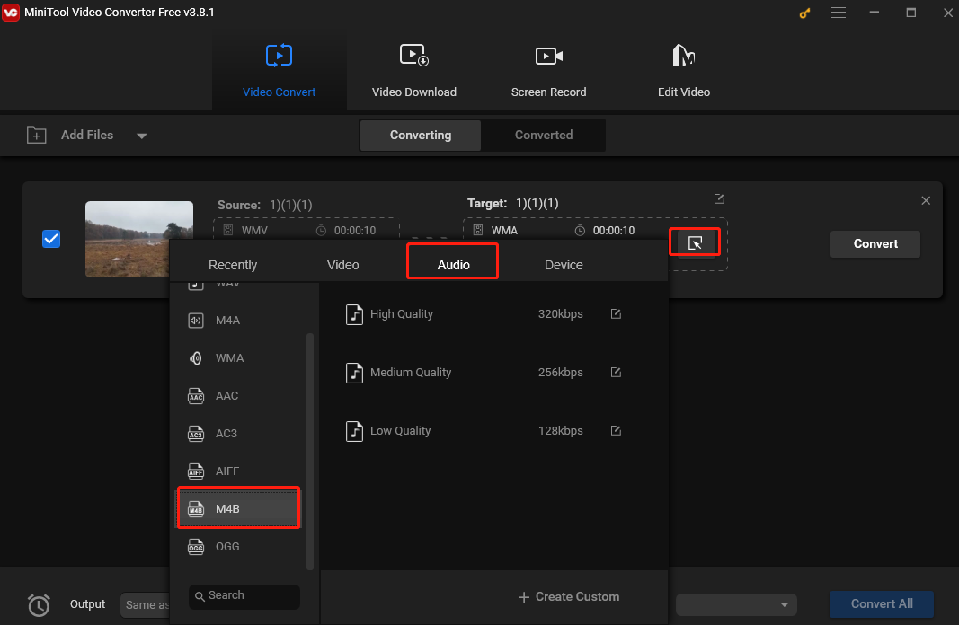 In the output format window, select Audio and choose M4B as the output format