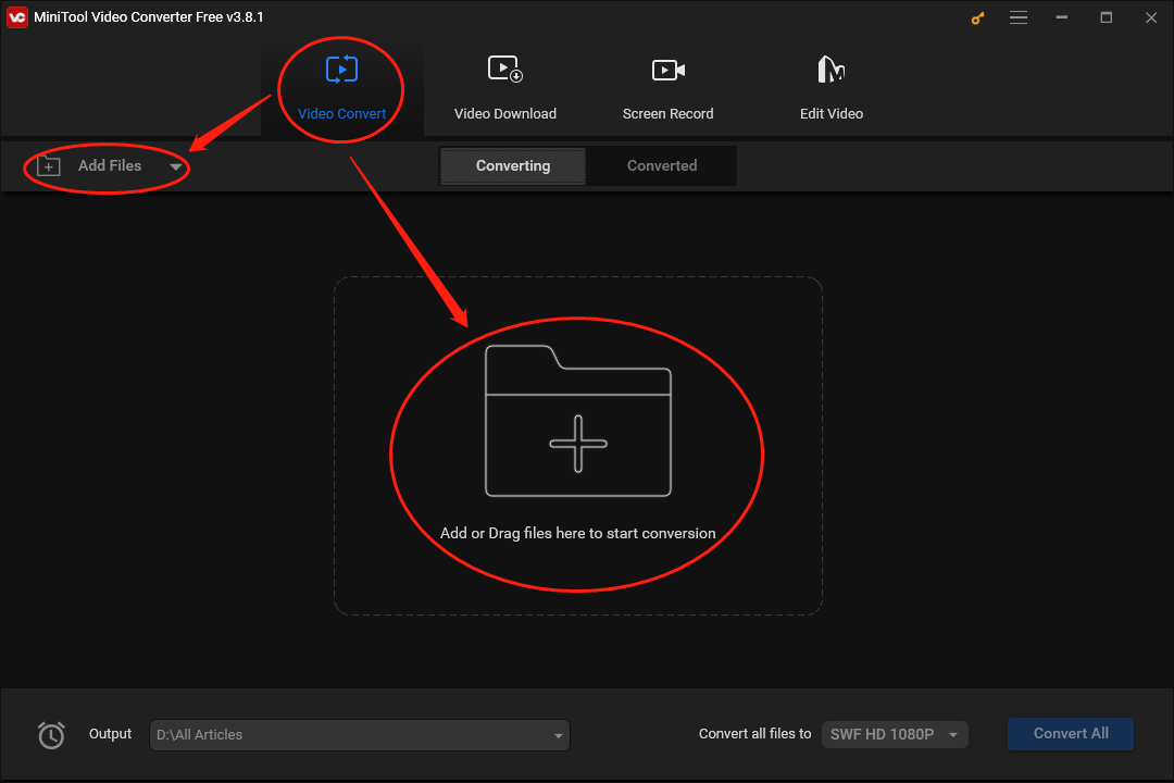 Click on Add Files or the Add or Drag files here to start conversion area in MiniTool Video Converter to import your XVID files