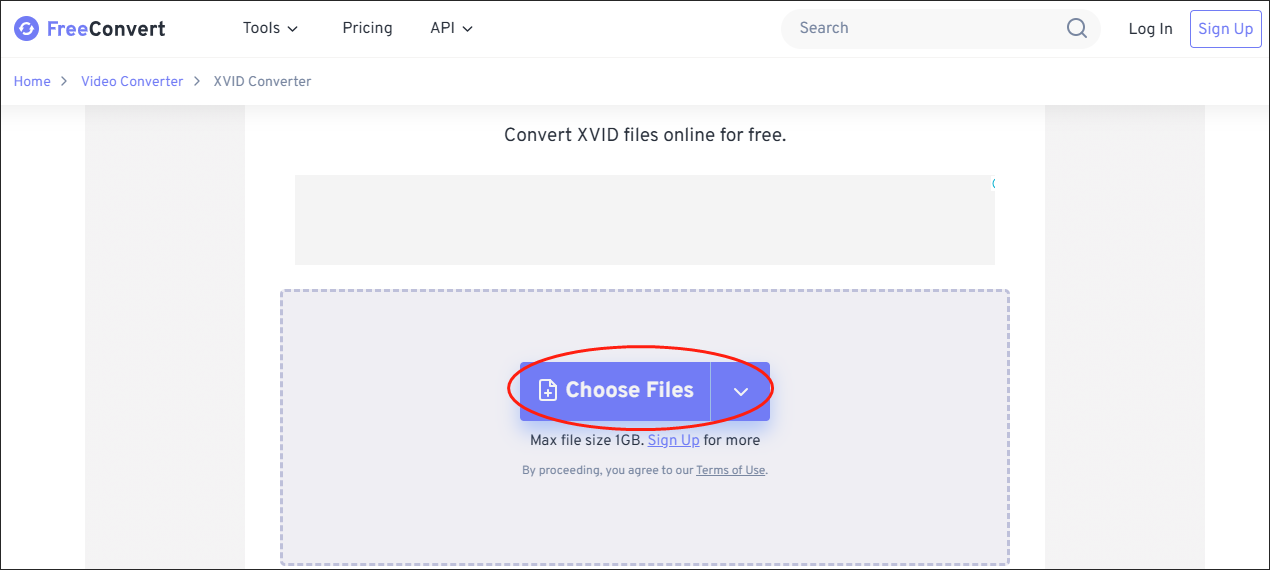 Click on Choose Files in FreeConvert to upload your XVID files