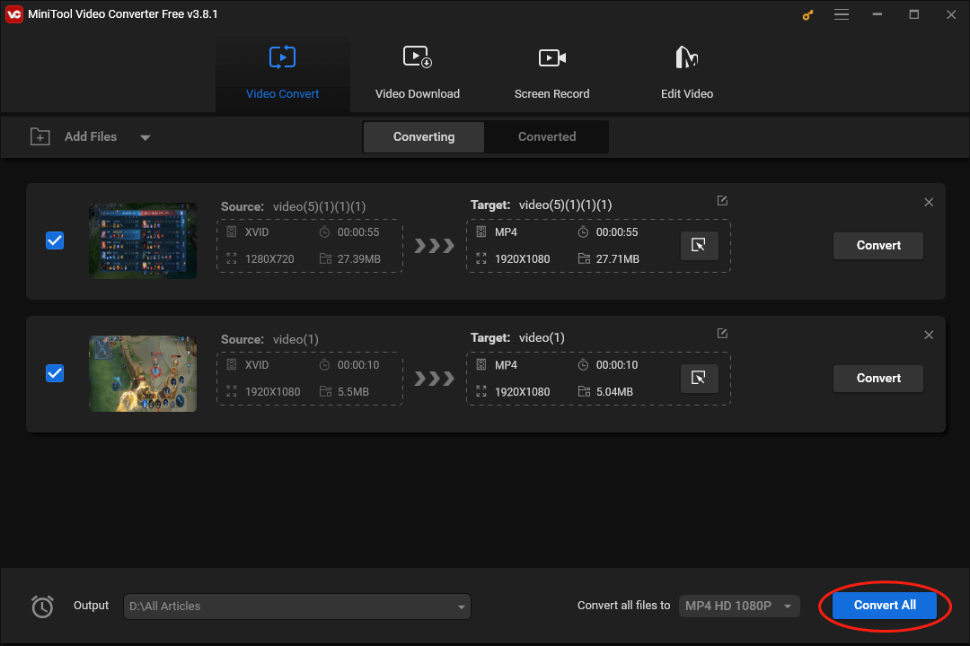 Click on Convert All in MiniTool Video Converter to begin the conversion from XVID to MP4