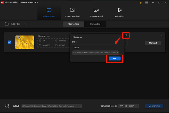 Rename the output file and choose an output destination in MiniTool Video Converter for format conversion