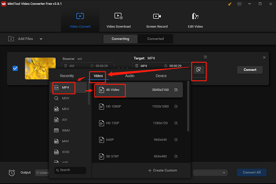 Choose MP4 as the output format in MiniTool Video Converter for format conversion