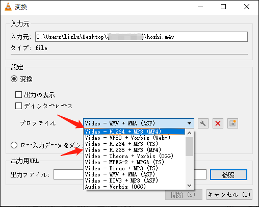 「ビデオ - H.265 + MP3（MP4）」オプションまたは「ビデオ - H.264 + MP3（MP4）」オプションを選択する