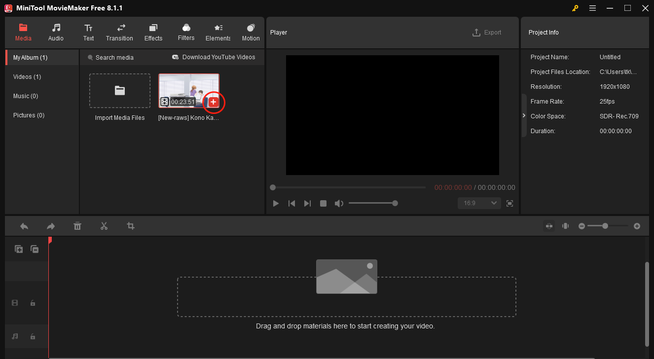 Click on the plus icon in MiniTool MovieMaker to add your torrent video to the timeline