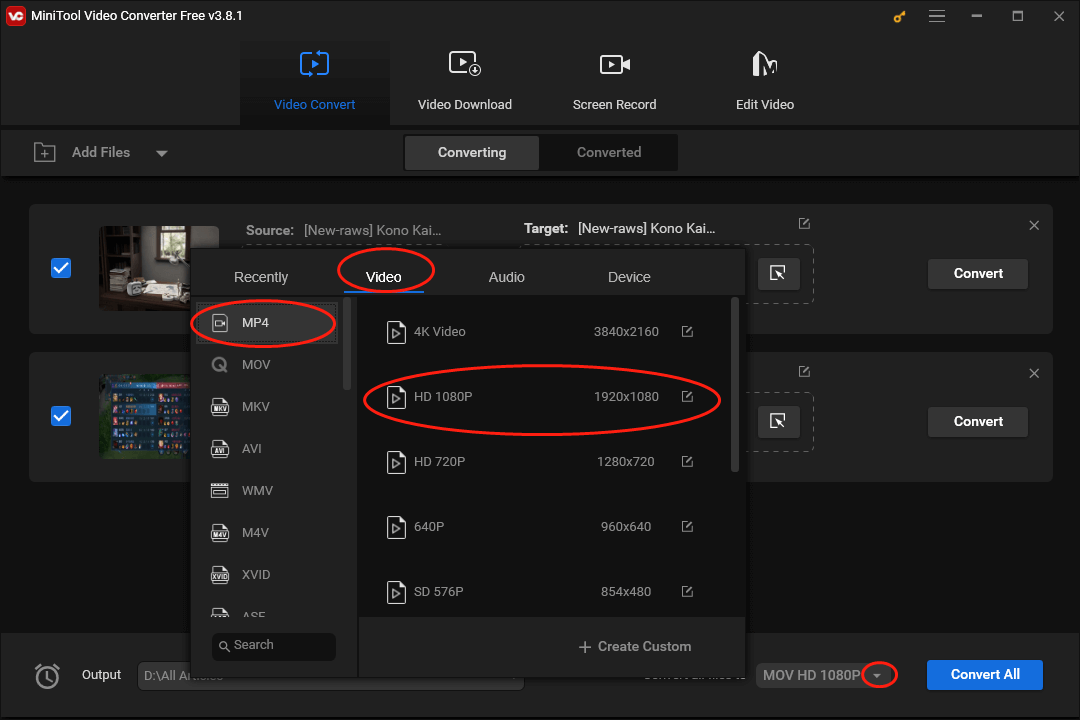 Expand the Convert all files to option in MiniTool Video Converter and choose MP4 HD 1080P as the output format