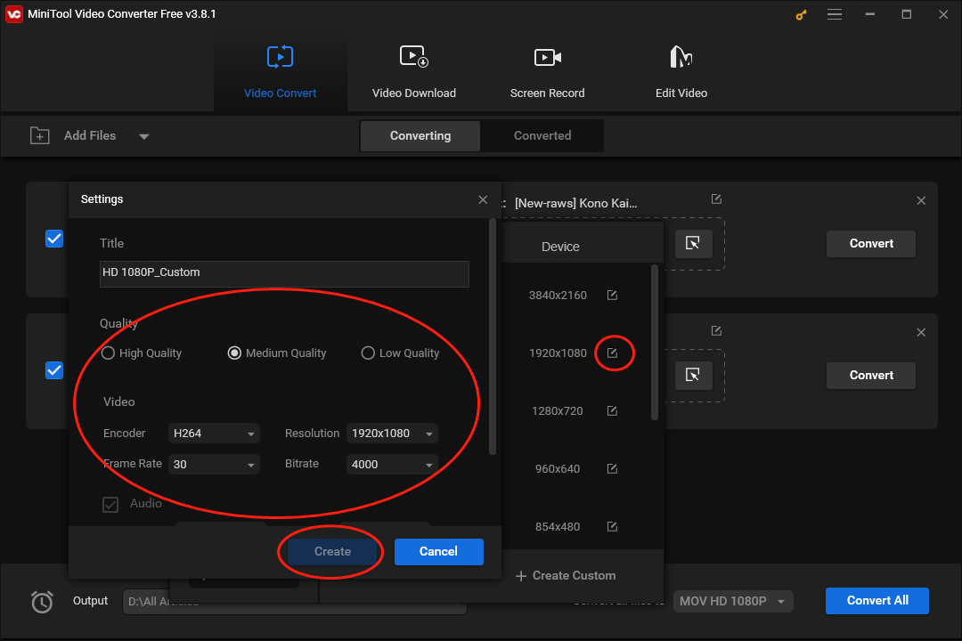 Click on the pen icon in the output format window of MiniTool Video Converter to customize the MP4 format