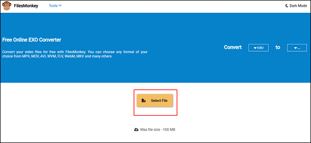 Click the Select File button to add the EXO file for format conversion in Filesmonkey