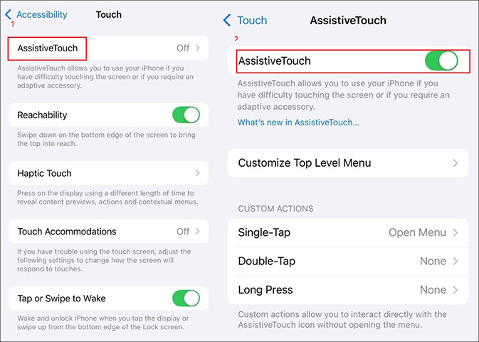 Toggle on the AssistiveTouch option on iPhone
