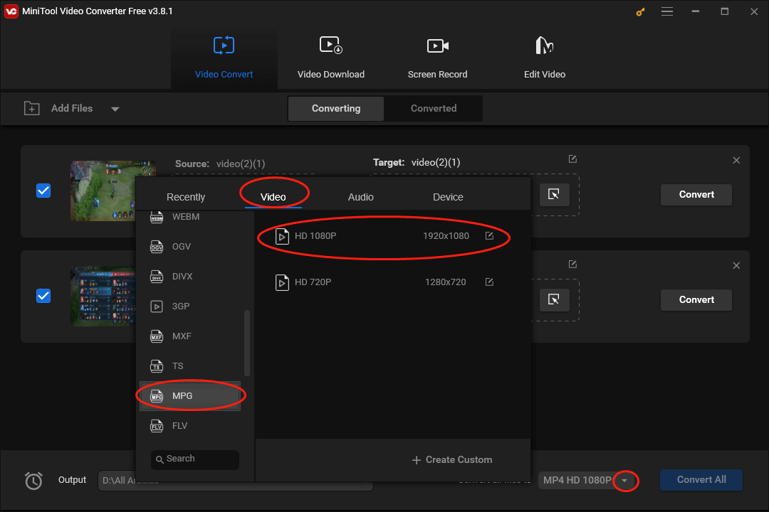 Expand the Convert all files to option in MiniTool Video Converter to enter the output format window and set MPG HD 1080P as the output format window