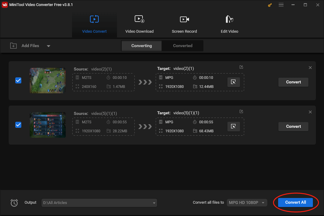 Click on Convert All in MiniTool Video Converter to convert M2TS to MPG