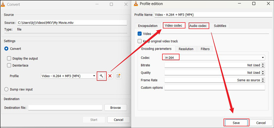 Click the wrench icon to adjust the video and audio codecs to H.264 and AAC in VLC