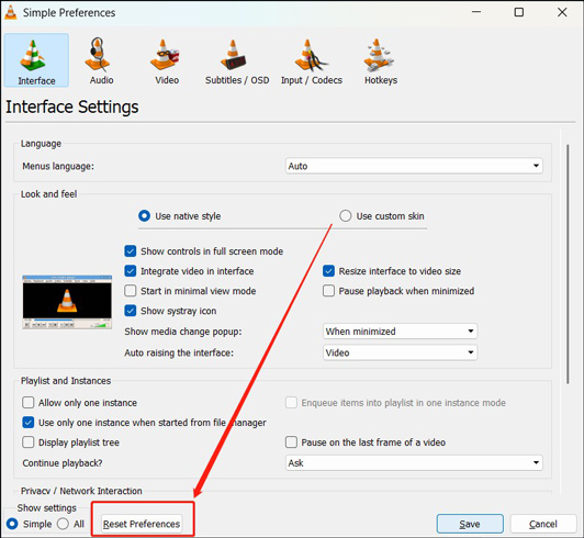 Click the Reset Preferences button to reset the configuration of VLC