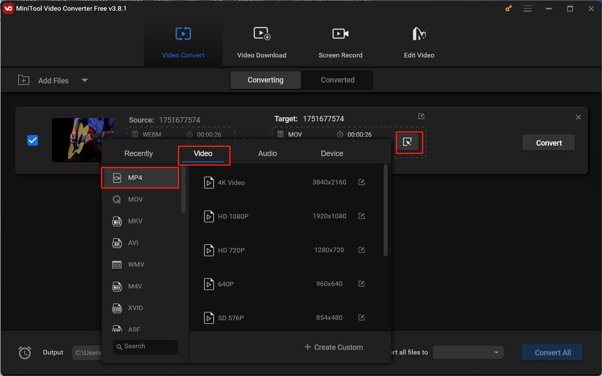 Click the diagonal arrow in the Target section of MiniTool Video Converter to choose MP4 under the Video tab