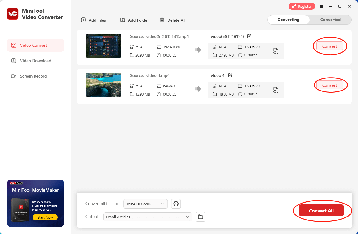Click on the plus icon in MiniTool MovieMaker to add your video file to the timeline