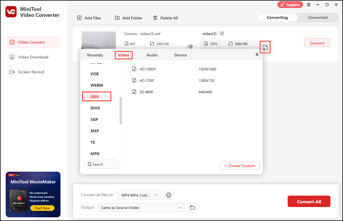 In the output format window, select OGV as the Video tab