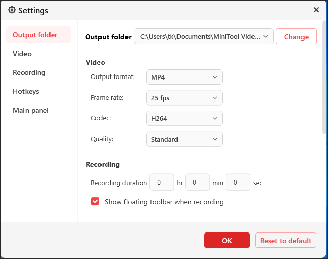 The Settings interface of MiniTool Screen Recorder