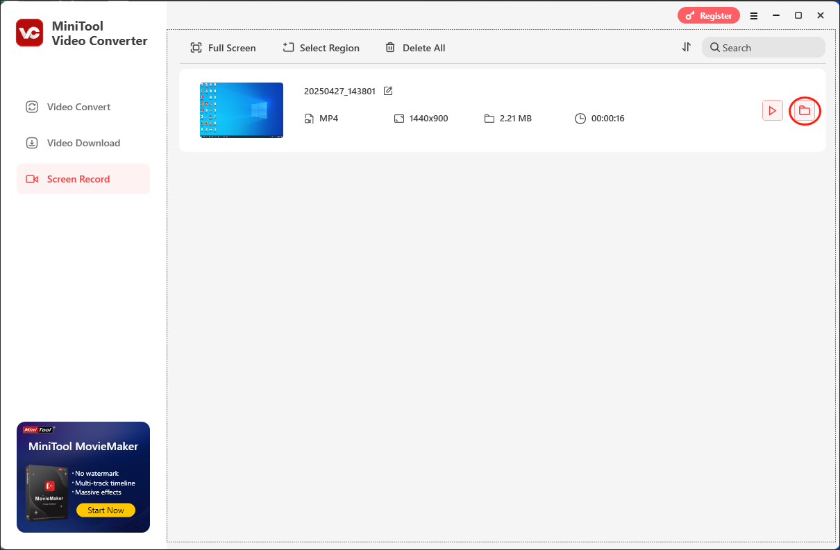Click on the folder icon in MiniTool Video Converter to locate and check your recording file