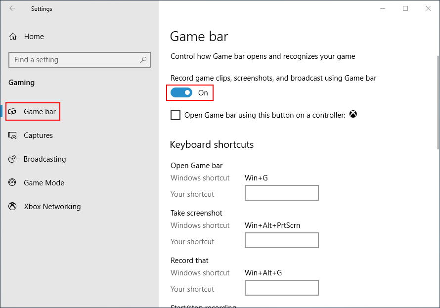 Turn on the option in the Game bar part of Windows Settings window
