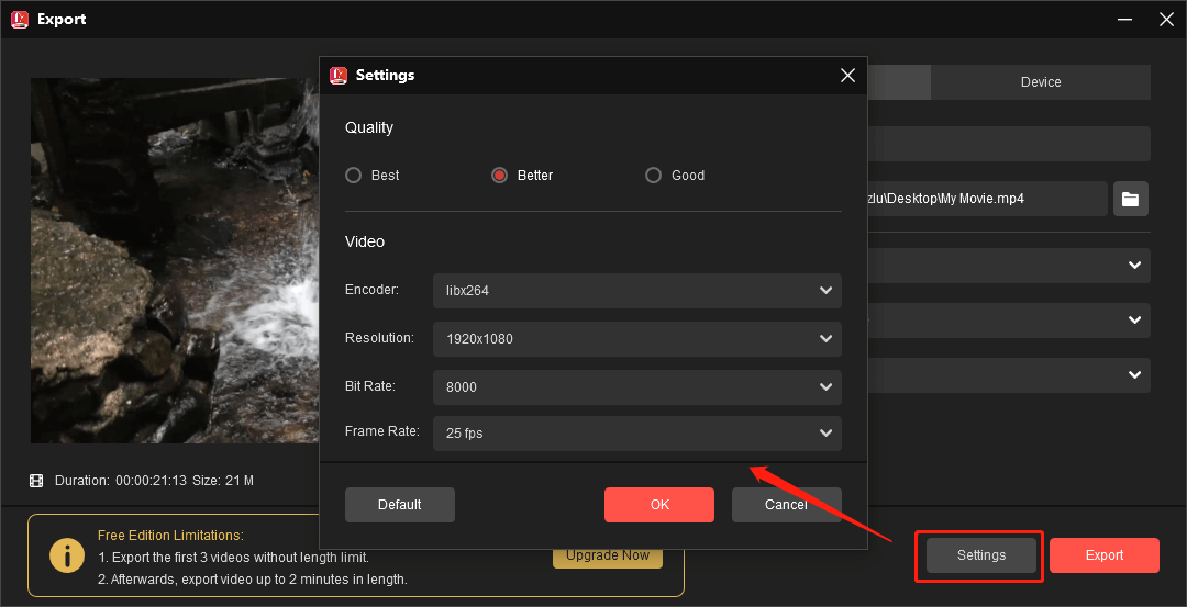 「Settings」ボタンをクリックして、動画の品質、解像度、ビットレート、フレームレートを変更する