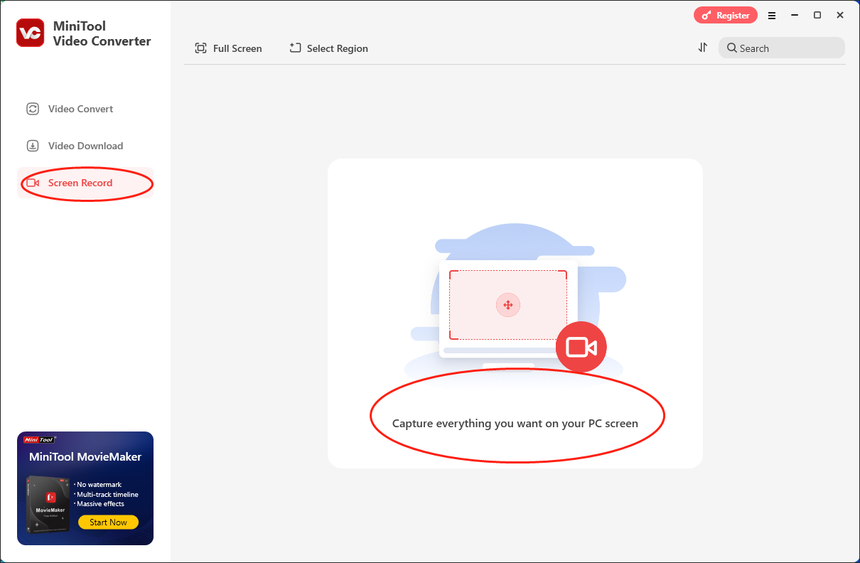 Click on Capture everything you want on your PC screen in MiniTool Video Converter to access the MiniTool Screen Recorder window