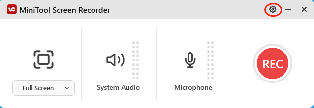 Click on the gear icon in MiniTool Screen Recorder to access the Settings interface