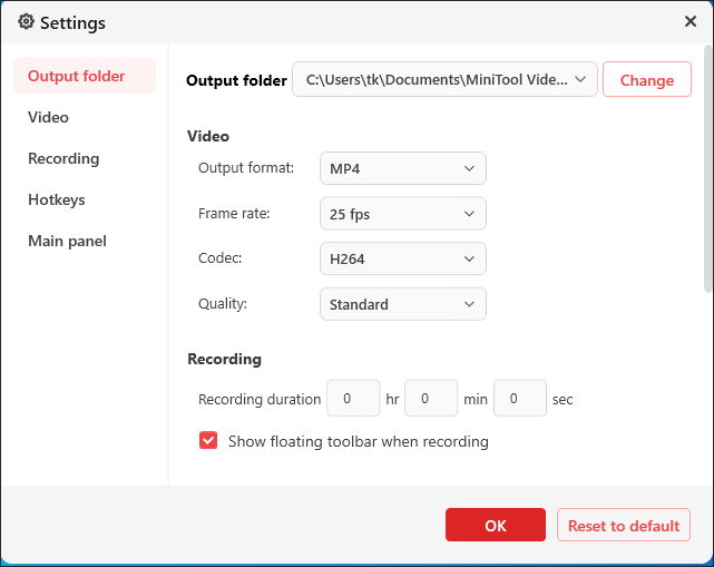 The Settings interface of MiniTool Screen Recorder