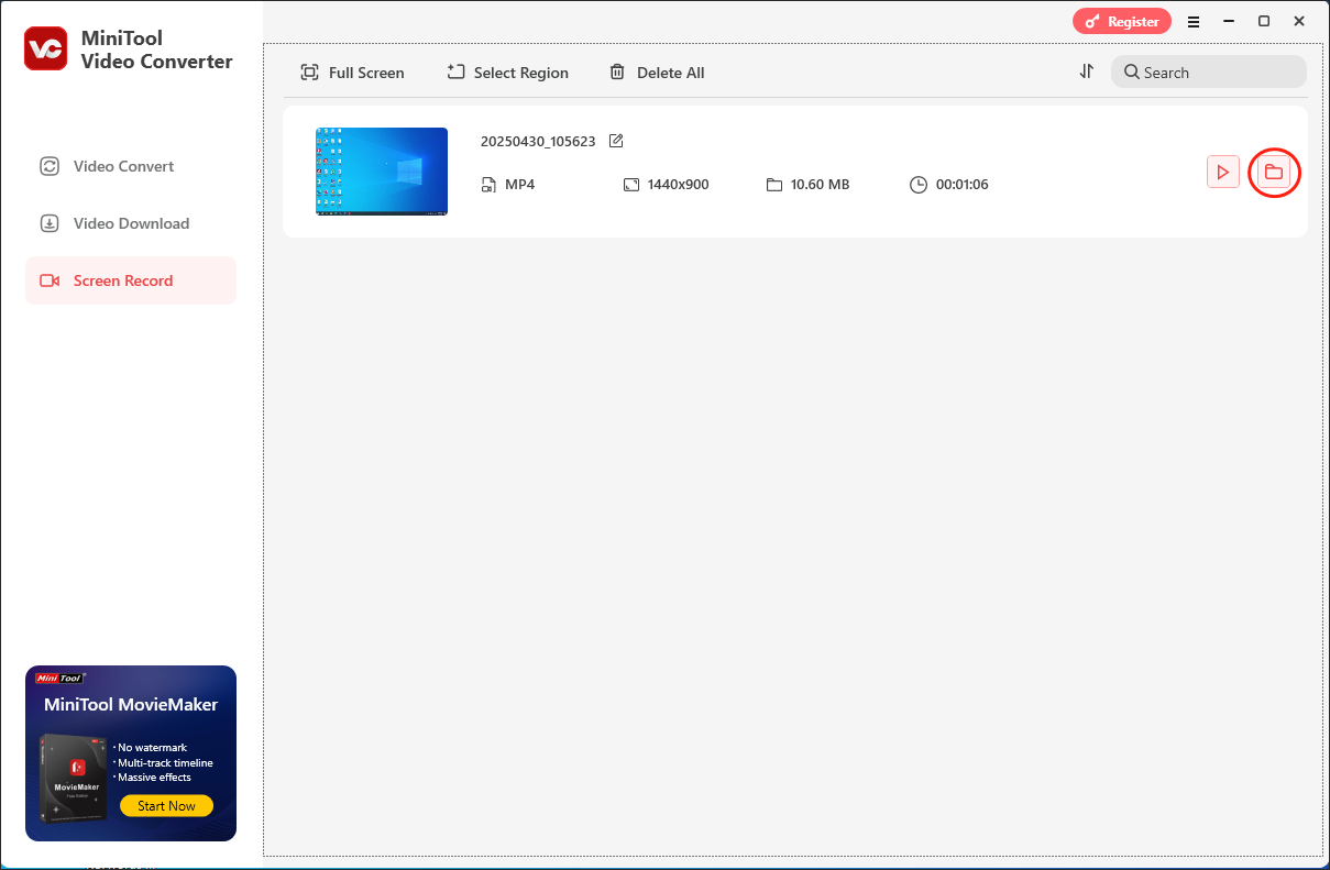 Click on the folder icon in MiniTool Video Converter to locate and check your recording file