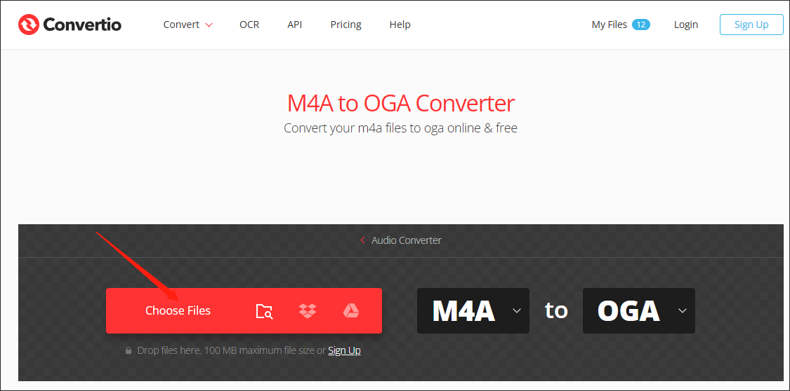Click on Choose Files in Convertio to import your M4A files