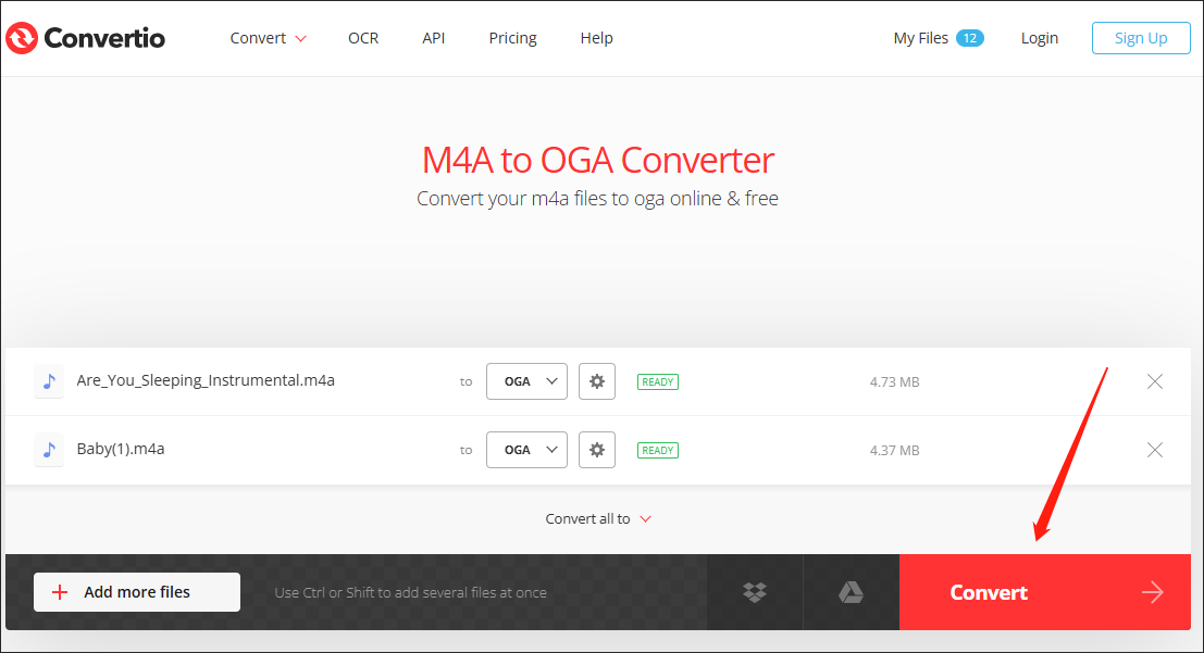 Click on the Convert button in Convertio to begin the conversion from M4A to OGA