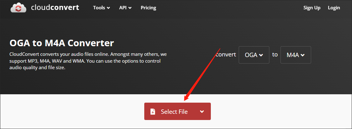 Click on Select File in CloudConvert to import your OGA files