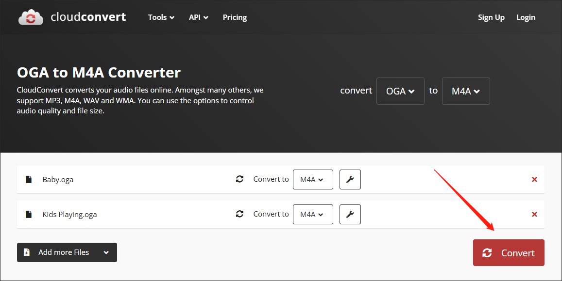 Click on the Convert button in CloudConvert to begin the conversion from OGA to M4A