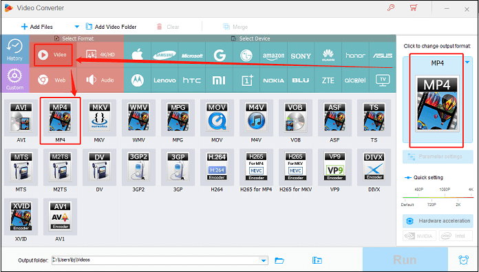 Select MP4 as the output format in HD Video Converter Factory Pro for format conversion