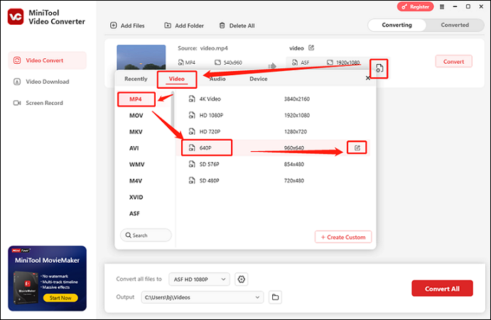 Select the MP4 format with a lower resolution in MiniTool Video Converter to reduce the file size