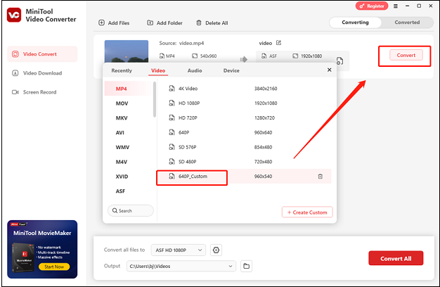 Choose the new format preset and click Convert to start compressing in MiniTool Video Converter