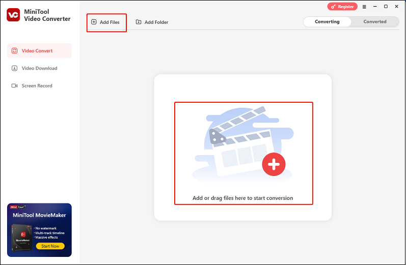 Click the Add Files button to import the target video to MiniTool Video Converter for format conversion