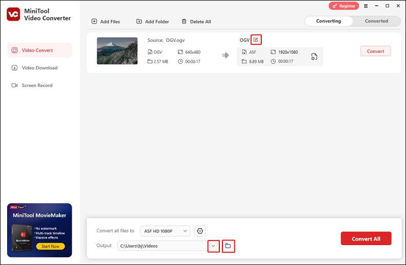Click the Edit icon next to the target file name to rename the output file and expand the Output option at the bottom to select the destination folder in MiniTool Video Converter for format conversion