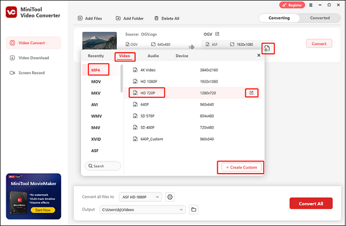 Select MP4 as the output format for conversion in MiniTool Video Converter