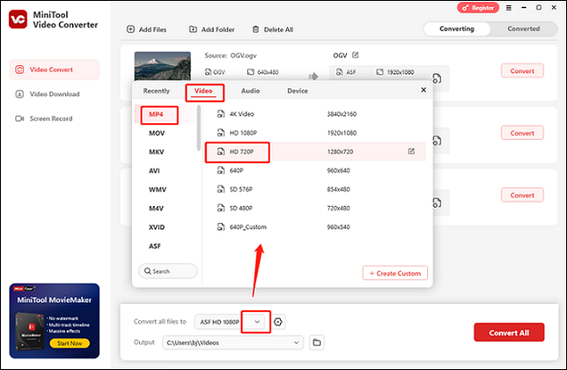 Select the output format for multiple files in MiniTool Video Converter
