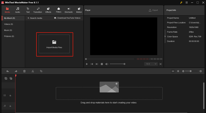 Click the Import Media Files button to add the video you want to convert in MiniTool MovieMaker