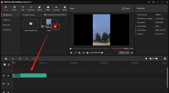 Click the plus icon to add the video to the timeline track in MiniTool MovieMaker for format conversion