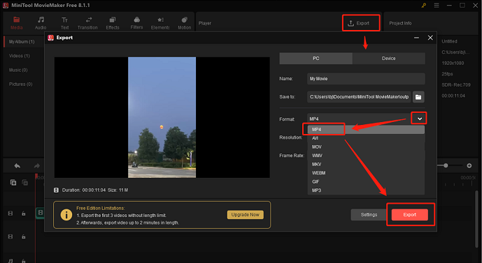 Choose MP4 as the output format in MiniTool MovieMaker for format conversion