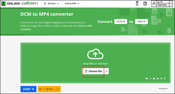 Click the Choose File button to import the target DICOM file in Online-Convert for format conversion