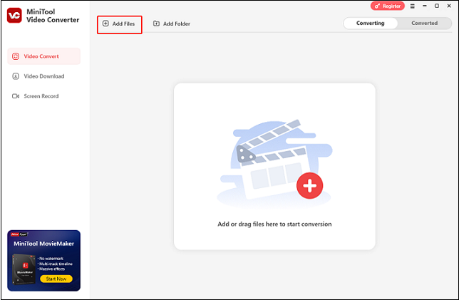 Click Add Files to import the target file in MiniTool Video Converter for format conversion