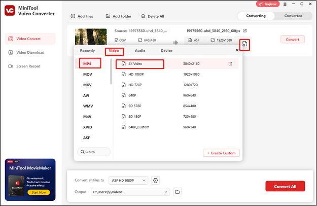 Choose MP4 as the output format in MiniTool Video Converter for format conversion